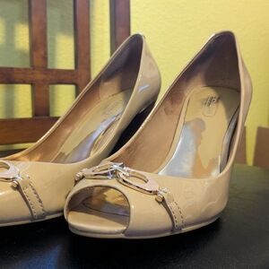Coach Elora Patent Leather Cappuccino Peep-Toe Heels